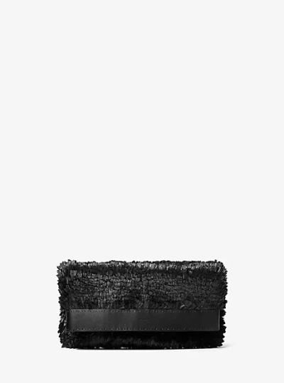 Michael Kors Sorrento Hand-stitched Fringe And Leather Foldover Clutch In Black