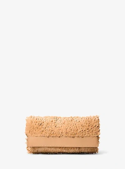 Michael Kors Sorrento Hand-stitched Fringe And Leather Foldover Clutch In Natural