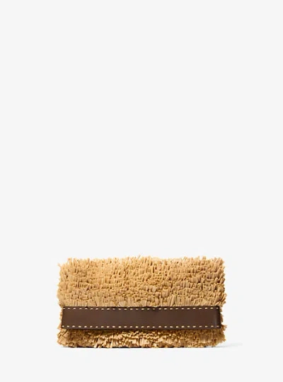 Michael Kors Sorrento Hand-stitched Fringe And Leather Foldover Clutch In Natural