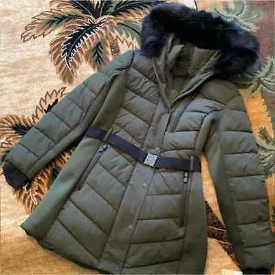 Pre-owned Michael Kors Steel Green And Black Faux Fur Hooded Puffer Coat Plus Size 2x