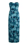 Michael Kors Strapless Bustier Floral Satin Midi Dress In Blue
