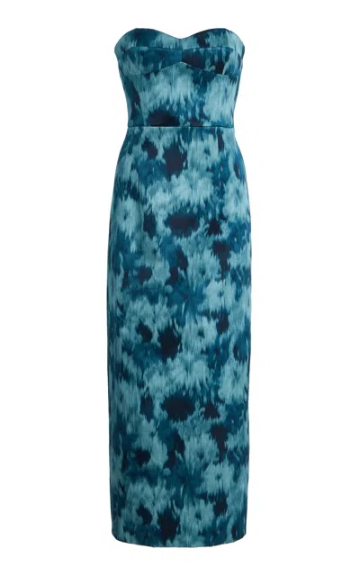 Michael Kors Strapless Bustier Floral Satin Midi Dress In Blue