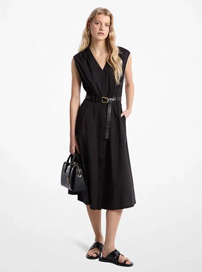 Michael Kors Stretch Cotton Poplin Belted Midi Dress In Black