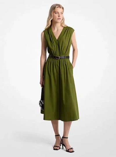 Michael Kors Stretch Cotton Poplin Belted Midi Dress In Green