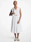 Michael Kors Stretch Cotton Poplin Belted Midi Dress In White