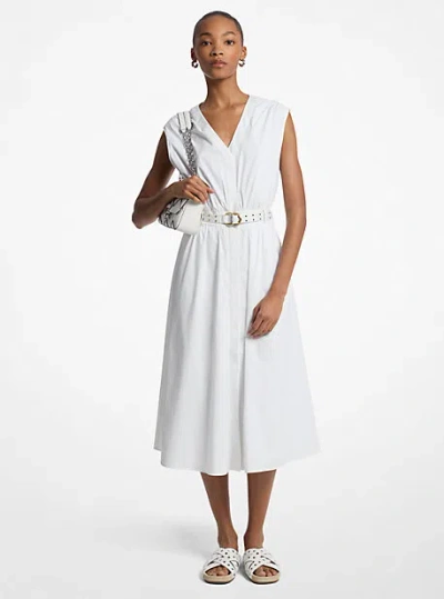 Michael Kors Stretch Cotton Poplin Belted Midi Dress In White