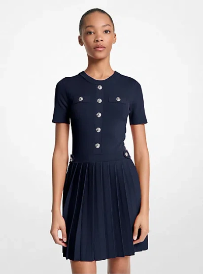 Michael Kors Stretch Knit Pleated Mini Dress In Blue