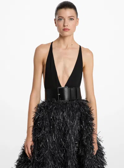 Michael Kors Stretch Matte Jersey Plunge-neck Bodysuit In Black