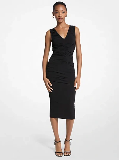 Michael Kors Stretch Matte Jersey Ruched Midi Dress In Black