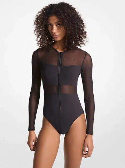 Michael Kors Stretch Nylon Zip-up Swimsuit In Black