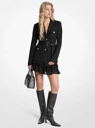 Michael Kors Stretch Wool Blend Belted Utility Blazer In Black