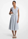 Michael Kors Striped Cotton Poplin Belted Midi Dress In Blue
