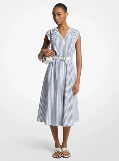 Michael Kors Striped Cotton Poplin Belted Midi Dress In Blue