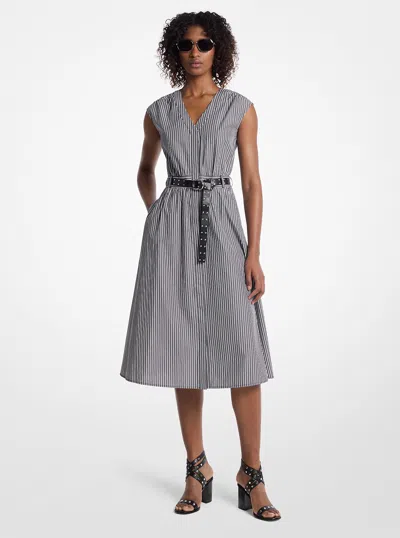 Michael Kors Striped Cotton Poplin Belted Midi Dress In Gray
