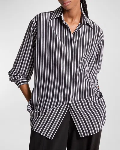 Michael Kors Striped Crepe De Chine Boyfriend Button-down Shirt In Blackop W