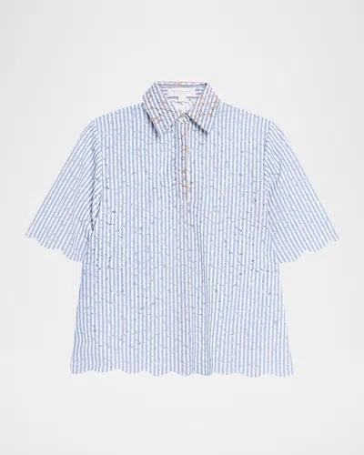 Michael Kors Striped Lace Button-down Shirt In Blue