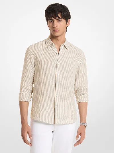 Michael Kors Long Sleeve Stripe Linen Shirt In Brown