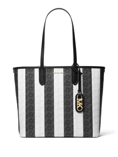 Michael Kors Striped Shopping Bag With Logo In Blk Optic White