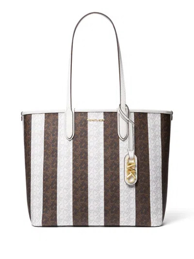 Michael Kors Striped Shopping Bag With Logo In Brown Multi