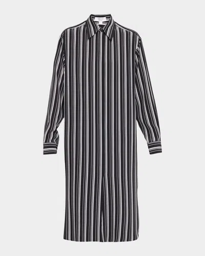 Michael Kors Striped Silk Long-sleeve Midi Shirtdress In Black