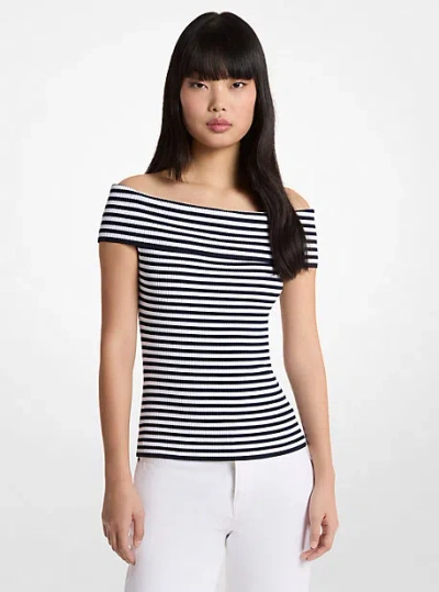 Michael Kors Striped Stretch Knit Off-the-shoulder Top In Blue