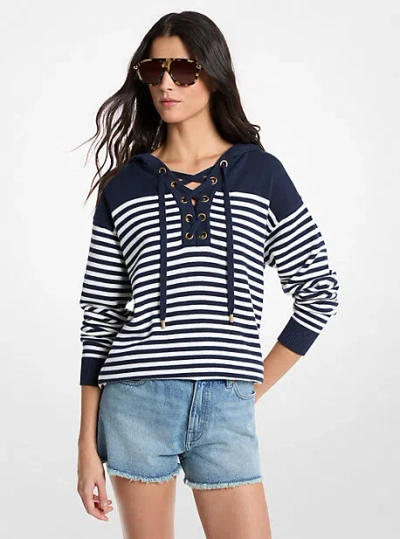 Michael Kors Striped Wool Lace-up Hoodie In Blue