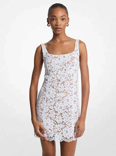 Michael Kors Studded Corded Floral Lace Mini Dress In White