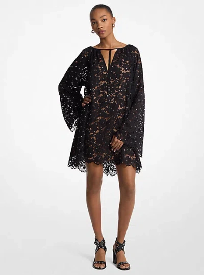 Michael Kors Studded Corded Floral Lace V-neck Dress In Black