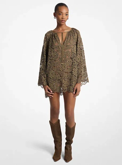 Michael Kors Studded Corded Floral Lace V-neck Dress In Green