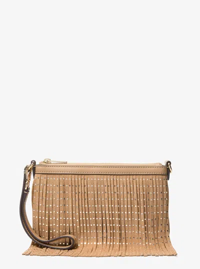 Michael Kors Studded Fringed Polyester Microsuede Wristlet In Brown