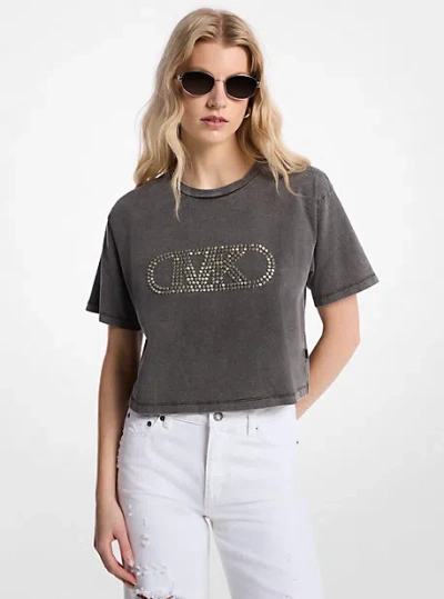 Michael Kors Studded Garment-dyed Cotton Cropped T-shirt In Black