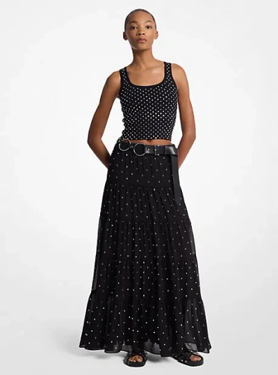 Michael Kors Studded Stretch Viscose Cropped Tank Top In Black