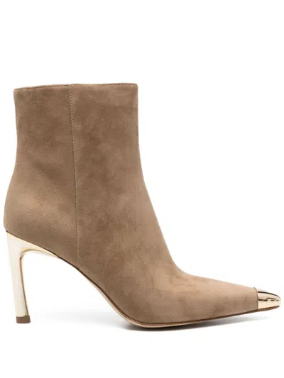 Michael Kors Suede Ankle Boots With Golden Metal Toe In Beige