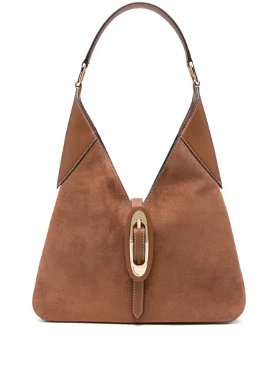 Michael Kors Suede Buckled Shoulder Bag In Brown