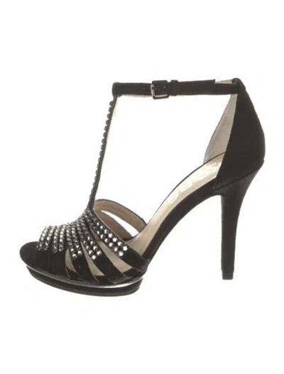 Pre-owned Michael Kors Suede Crystal Embellishments T-strap Sandals In Black