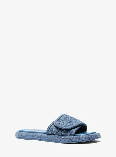 Michael Kors Suki Logo Embossed Denim Slide Sandal In Blue