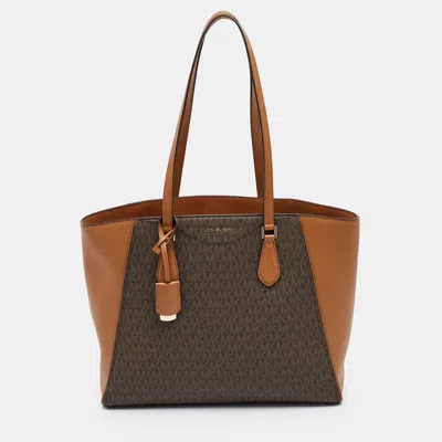 Pre-owned Michael Kors Taryn Brown Signature Coated Canvas And Leather Tote
