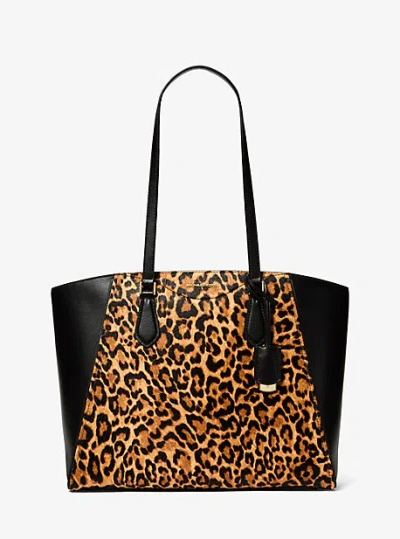 Michael Kors Taryn Large Leopard Print Calf Hair Tote Bag In Yellow