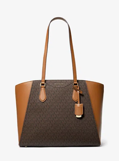 MICHAEL KORS TARYN LARGE SIGNATURE LOGO AND LEATHER TOTE BAG
