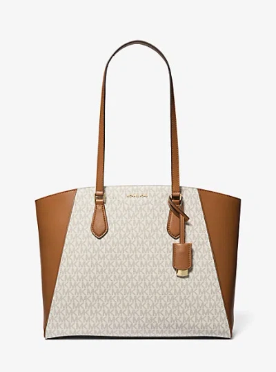 Michael Kors Taryn Large Signature Logo And Leather Tote Bag In Natural