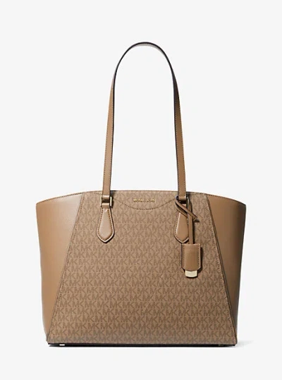 Michael Kors Taryn Large Signature Logo And Leather Tote Bag In Natural