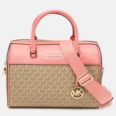 Pre-owned Michael Kors Tea Rose/beige Signature Coated Canvas Medium Travel Duffle Bag In Pink
