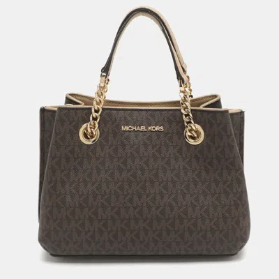 Pre-owned Michael Kors Teagen Small Brown Signature Coated Canvas Satchel