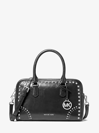 Michael Kors Thompson Medium Distressed Studded Satchel In Black