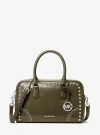 Michael Kors Thompson Medium Distressed Studded Satchel In Green