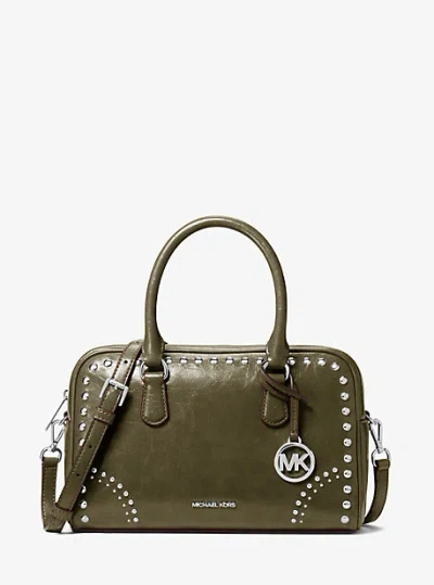 Michael Kors Thompson Medium Distressed Studded Satchel In Green