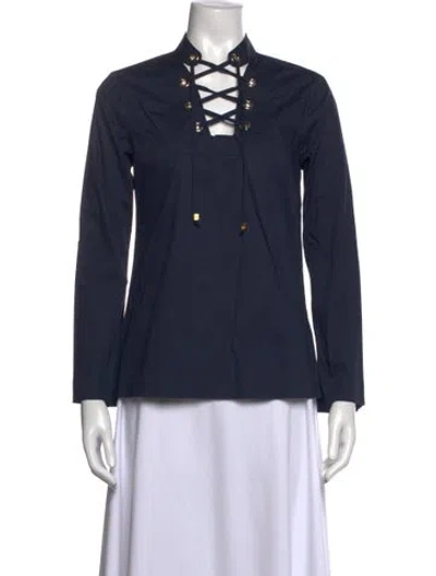 Pre-owned Michael Kors Tie Neck Long Sleeve Top In Blue