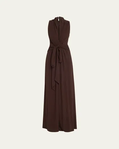 Michael Kors Tie Waist Matte Jersey Palazzo Jumpsuit In Brown