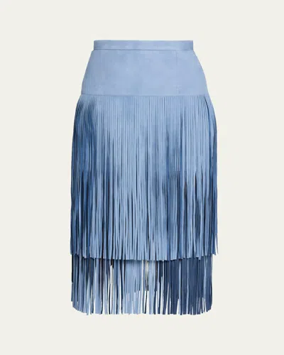 Michael Kors Tiered Fringe Suede Midi Skirt In Blue