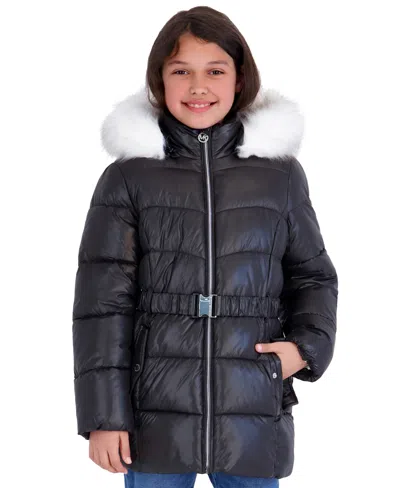 Michael Kors Babies' Toddler Girls' 2t-5t Belted Stadium Length Mk Logo Long-sleeve Jacket In Black